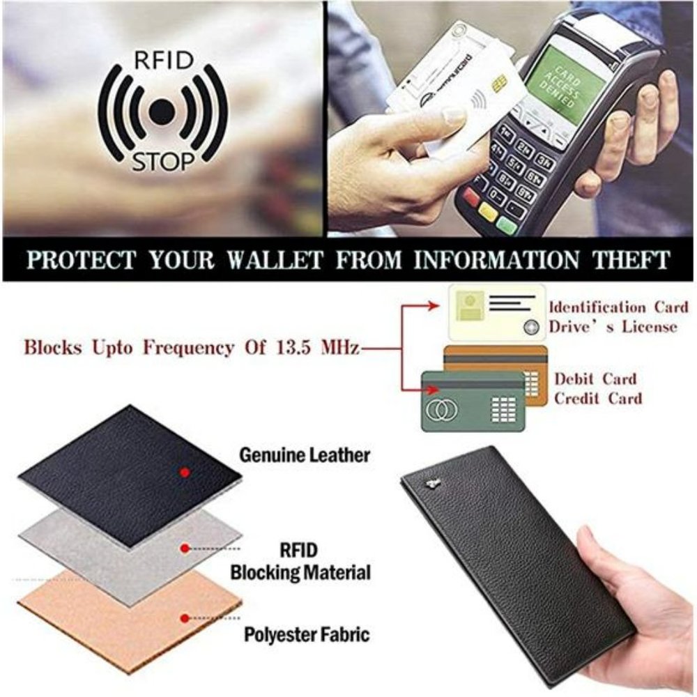 RFID Bifold Wallets Slim Credit Card Wallet Real Leather Mens Long Wallet - Picture 4 of 6
